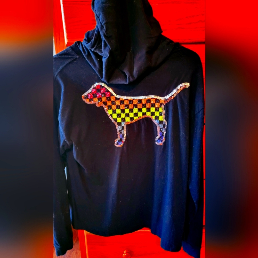 🆕️PINK vintage hooded long-sleeved rainbow BLING DOG Tee  *RARE. FIRM****